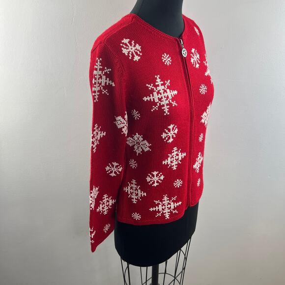 Petite Sophisticate Red White Cardigan Sweater Knit Snowflake Full Zip Small S - Picture 5 of 11
